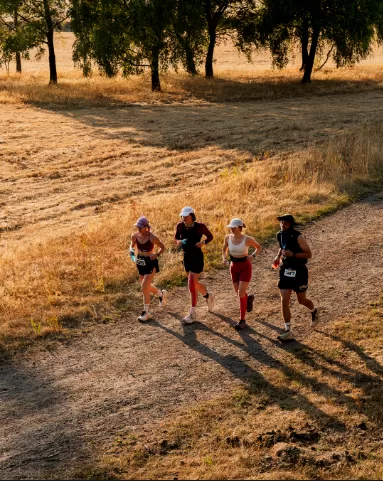 Four runners running side by side along a dry, sunlit field path
